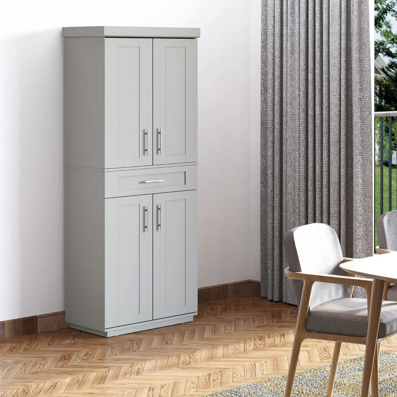HOMCOM Modern Kitchen Pantry Freestanding Cabinet Cupboard with Doors and Drawer, Adjustable Shelving, Gray