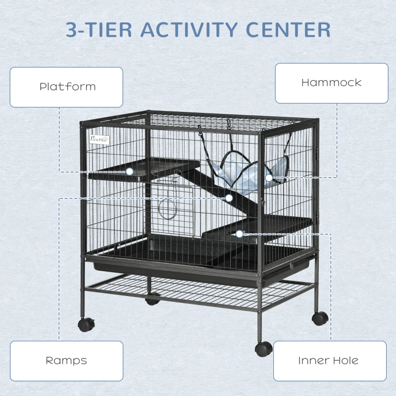PawHut Small Animal Cage with Wheels, Pet Playpen for Rat, Syrian Hamster, Kitten, Ferrets, Chinchillas with Bottom Storage Shelf, Removable Tray, Ramp, 31.5" x 20.5" x 33.1"