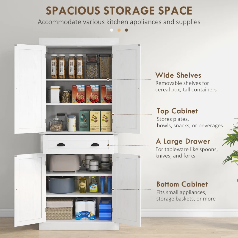 HOMCOM 72.5" Kitchen Cabinet, Pantry Storage Cabinet with Doors and Shelves, Freestanding Food Pantry Cabinet, White Wood Grain