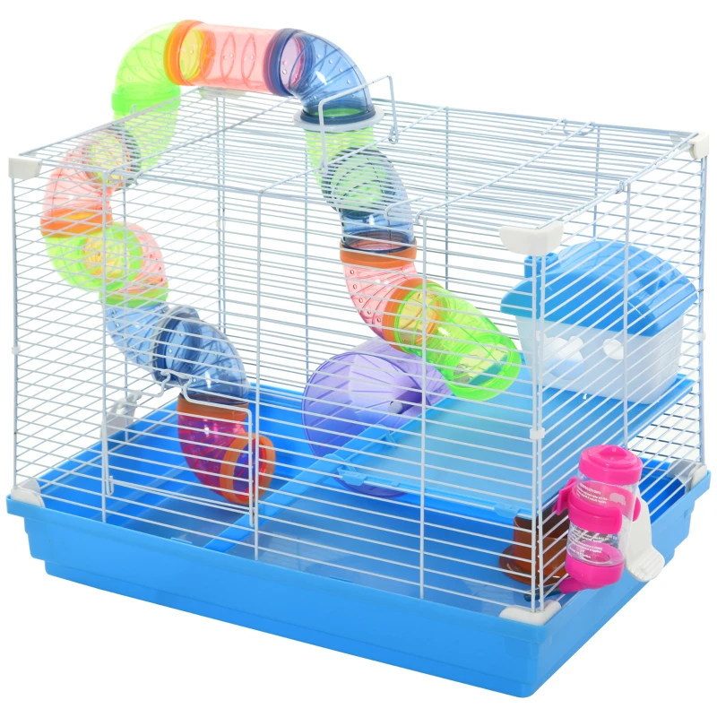 PawHut 2-Level Hamster Cage Rodent Gerbil House Mouse Mice Rat Habitat Metal Wire with Exercise Wheel, Play Tubes, Water Bottle, Food Dishes, & Interior Ladder