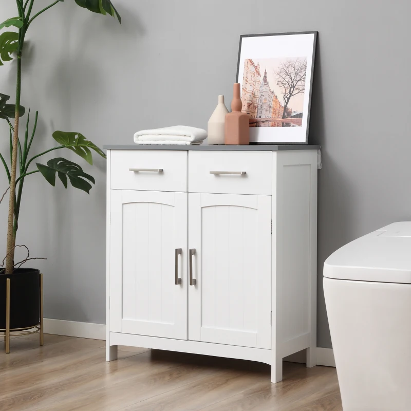 kleankin Bathroom Floor Cabinet, Freestanding Linen Cabinet, Storage Cabinet with 2 Drawers, Double Doors, Adjustable Shelf, White