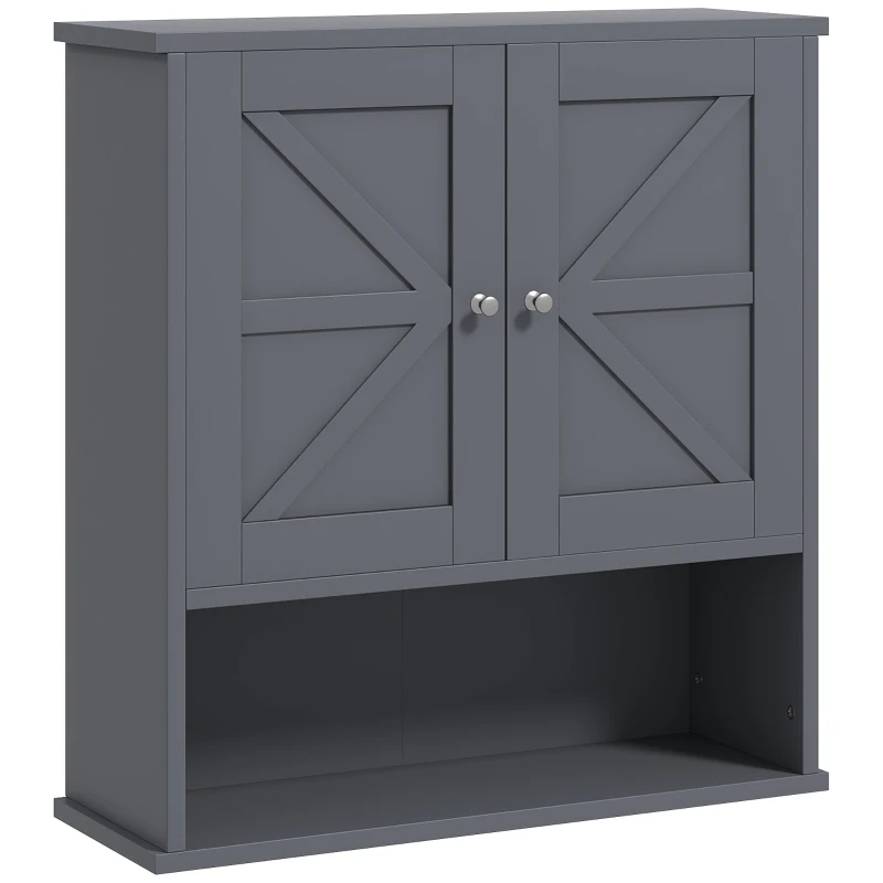 kleankin Farmhouse Bathroom Medicine Cabinet, Wall Cabinet with Barn Doors and Adjustable Shelf for Laundry Room, Gray