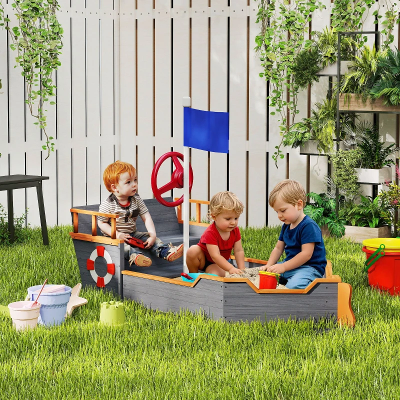 Outsunny Kids Wooden Sandbox Pirate Ship Sandboat w/ Bench Seat Storage Space Ceder Wood, Gray