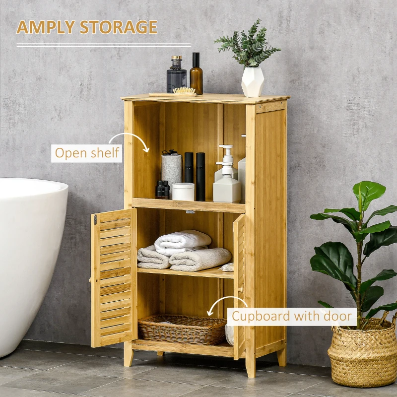 HOMCOM Bamboo Floor Cabinet Bathroom Floor Cabinet Living Room Organizer Tower with Multiple Shelves and Doors, Natural