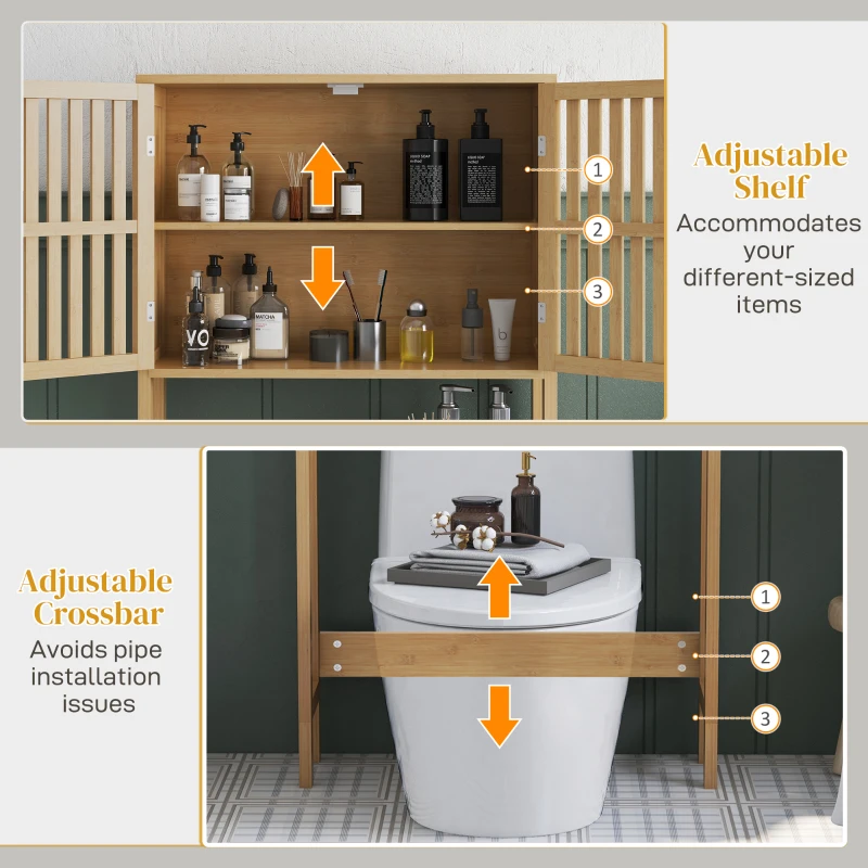 HOMCOM Over the Toilet Cabinet, Bamboo Bathroom Above Toilet Storage with Slatted Doors and Adjustable Shelf, Natural