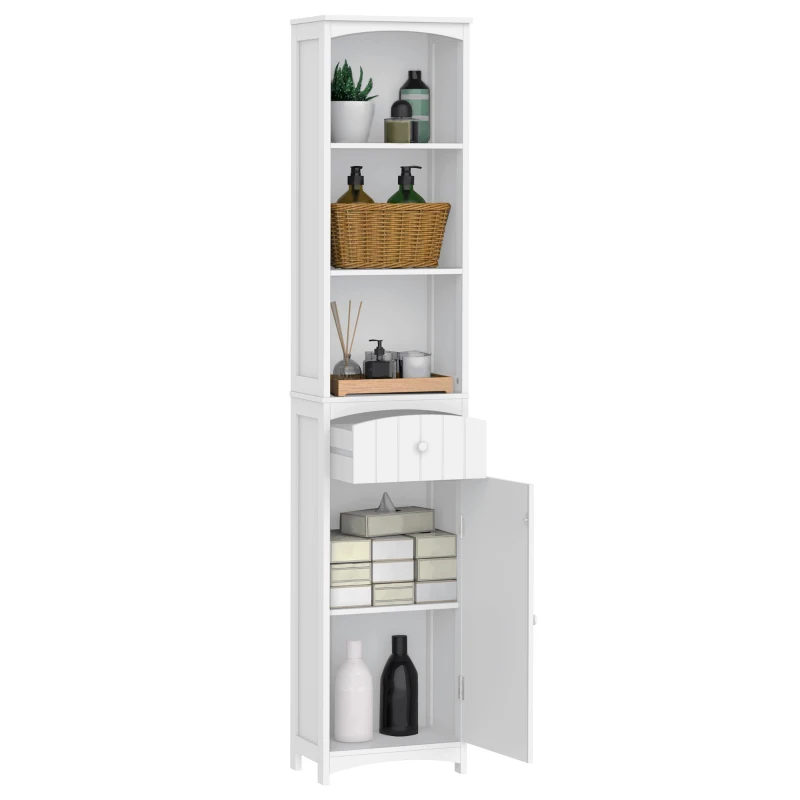 HOMCOM Bathroom Storage Cabinet, Free Standing Bathroom Storage Unit, Tall Linen Tower with 3-Tier Shelves and Drawer, White