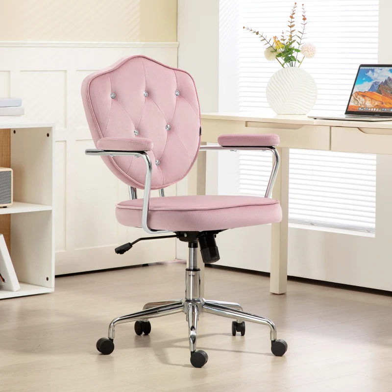 HOMCOM Cute Office Chair, Desk Chair with Button Tufted Velvet-feel Fabric, Swivel Computer Vanity Chair, Pink