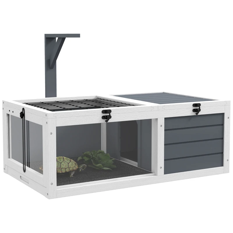 PawHut Tortoise Habitat, Wooden Tortoise House w/ Lamp Holder, Gray