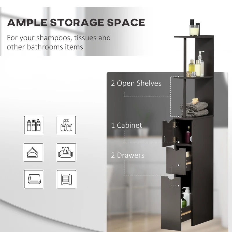 HOMCOM 54" Tall Bathroom Storage Cabinet, Freestanding Linen Tower with 2-Tier Shelf and Drawers, Narrow Side Floor Organizer, Brown