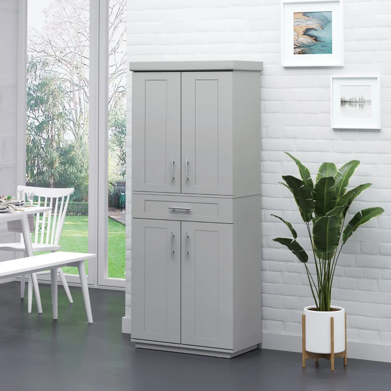 HOMCOM Modern Kitchen Pantry Freestanding Cabinet Cupboard with Doors and Drawer, Adjustable Shelving, Gray