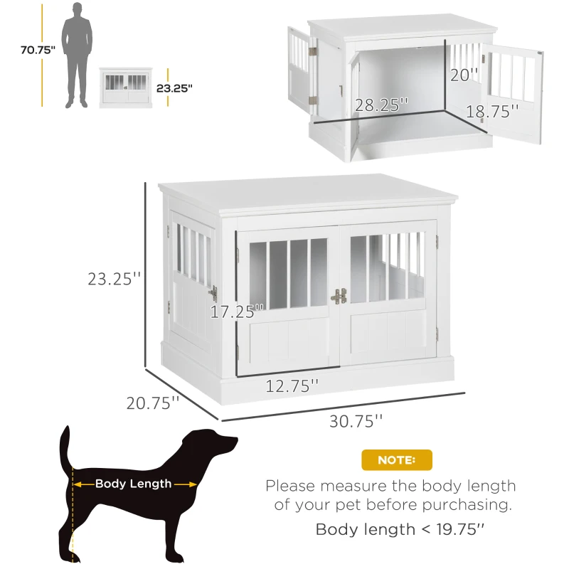 PawHut Wooden Dog Crate End Table, Dog Crate Furniture with Triple Doors, Puppy Crate for Small Dogs Indoor Use, White