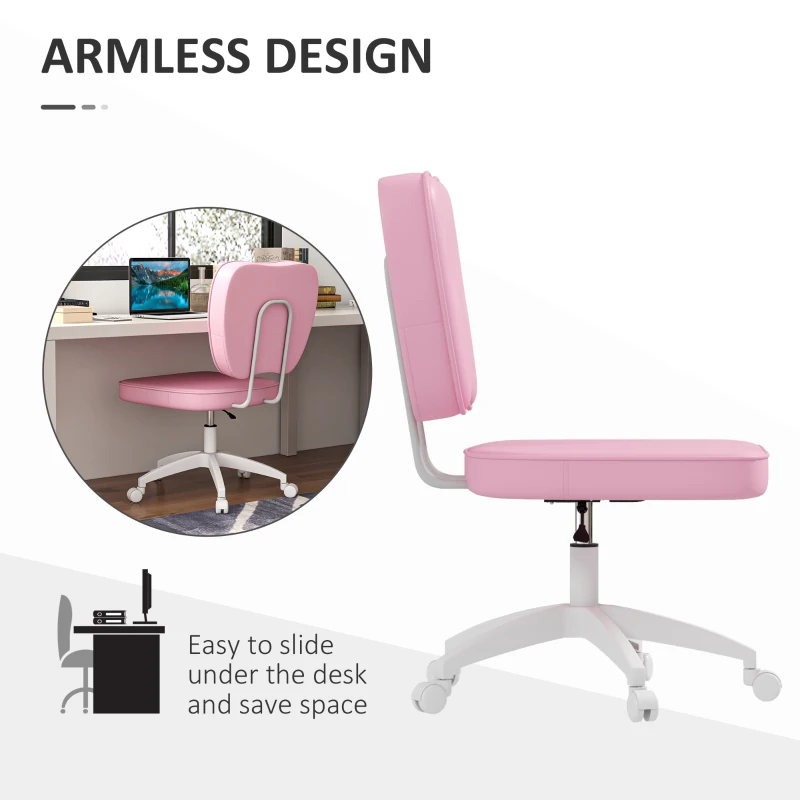 Vinsetto Vanity Office Chair, PU Leather Computer Chair for Home, with Adjustable Height, Armless, Swivel Wheels, Pink
