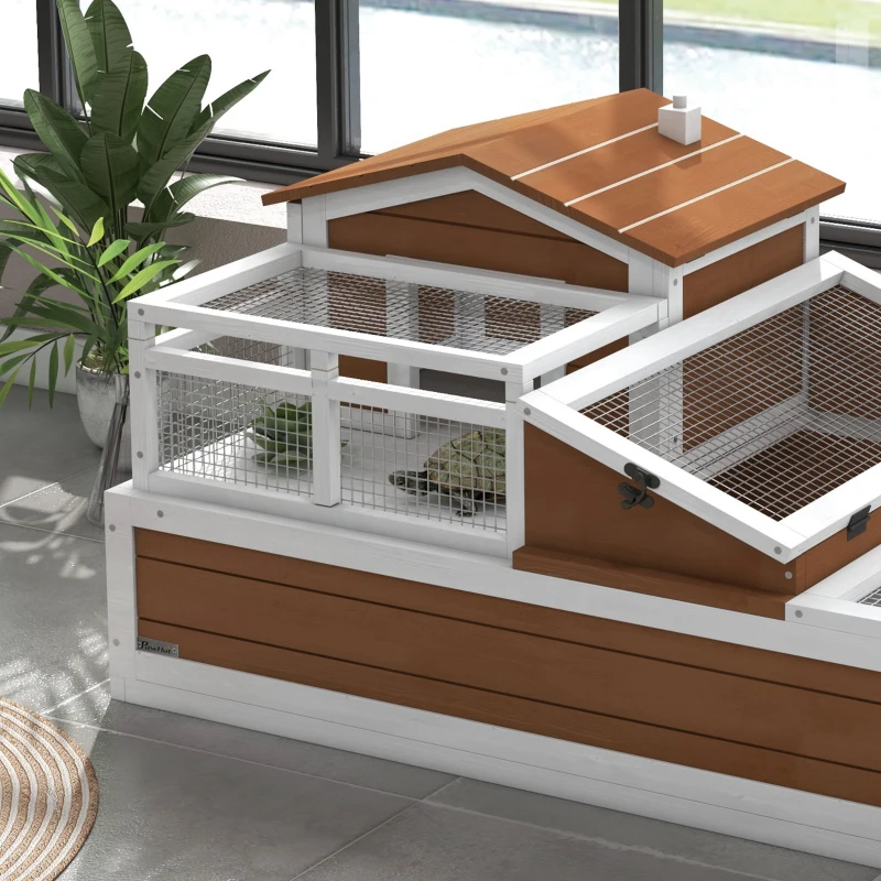 PawHut 3-Room Tortoise Habitat House w/ Balcony & 2 Stories, 44" x 25.5" x 25", Coffee