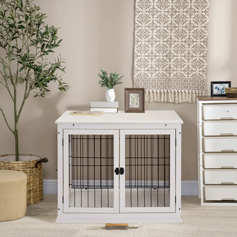 PawHut Dog Crate Furniture, 32" Small Dog Cage End Table with 2 Doors, Lockable Door, Puppy Kennel Indoor, White
