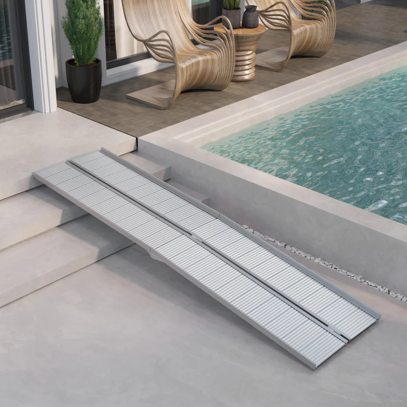 HOMCOM 10' Foldable Handicap Ramp for Home, Steps, Doorways, Aluminum Portable Wheelchair Ramp, Textured Threshold Ramp, Silver(m-10)