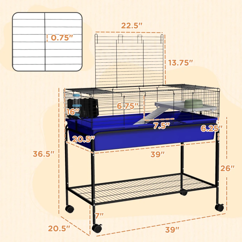 PawHut Two-Story Small Animal Cage Removable from Stand, Pet Habitat with Shelf & Wheels, 39" x 20.5" x 36.5", Blue