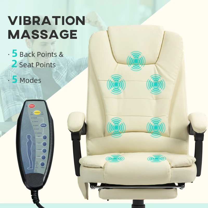 Vinsetto 7-Point Vibrating Massage Office Chair High Back Massaging Office Desk Chair with Lumbar Support, Footrest, Cream White