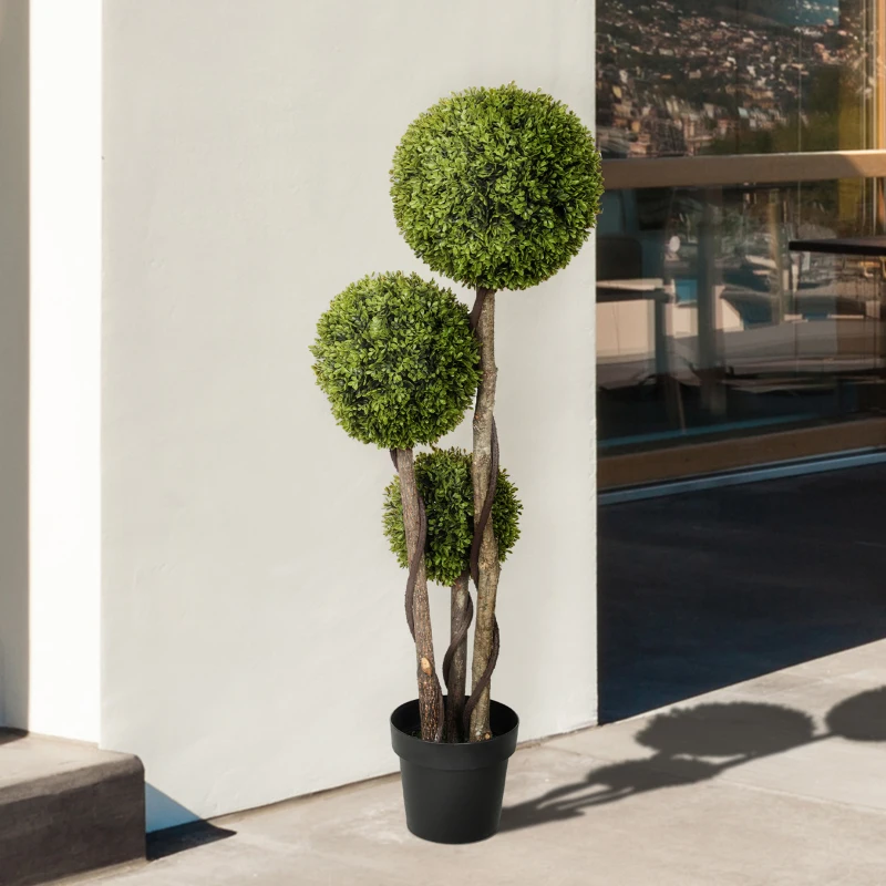 HOMCOM 4FT Potted Fake Plant, Artificial Boxwood Topiary Tree, Triple Ball Tree for Indoor and Outdoor, Green