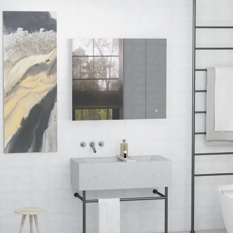 kleankin LED Medicine Cabinet, Wall-Mounted Bathroom Vanity Mirror Organizer with Dimmer Touch Switch, USB Charged, White