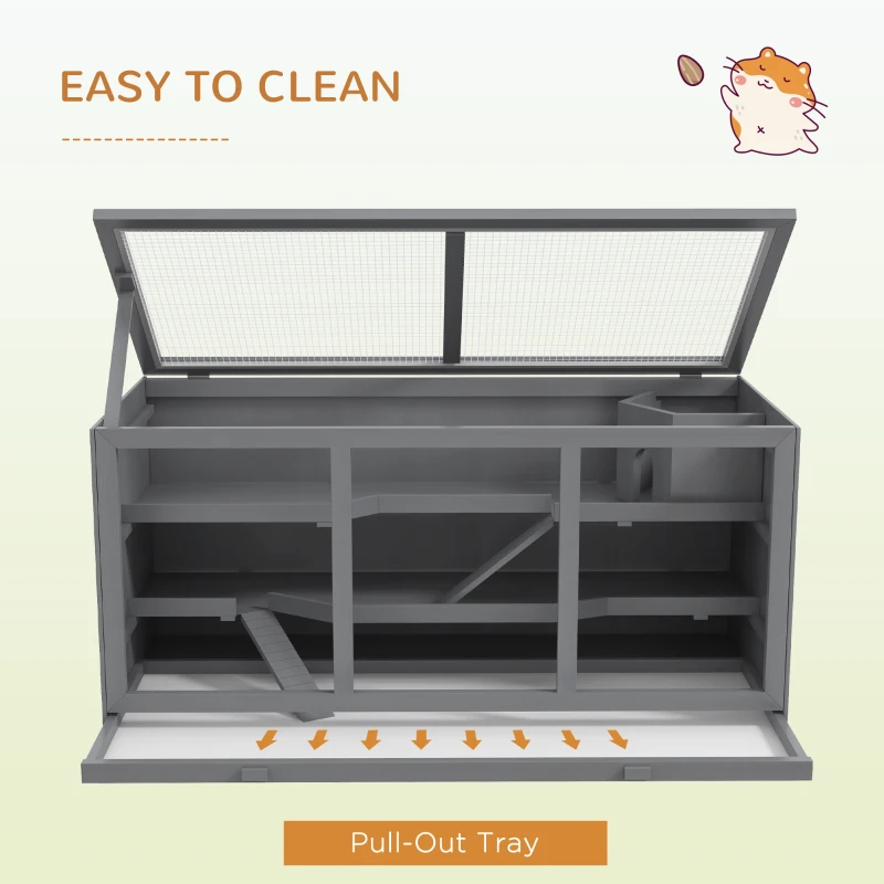 PawHut Extra Large Wooden Hamster Cage with Opening Roof, Hut, Ramps, Gray