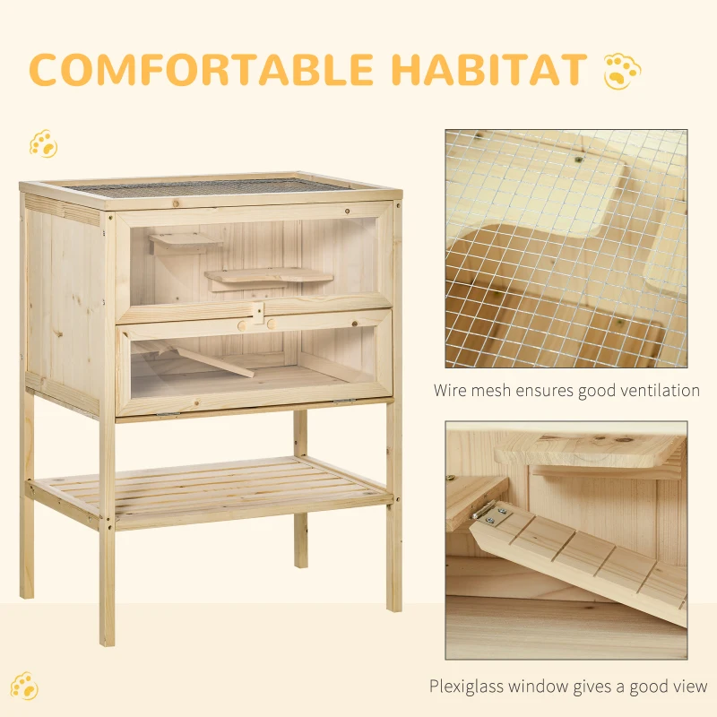 PawHut 3-Tier Wooden Hamster Cage Mice and Rat Cage Small Animals Hutch with Openable Top, Front Door, Shelf, Natural Wood