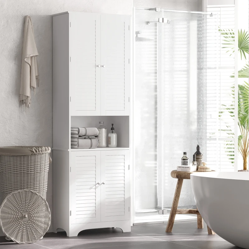 HOMCOM Tall Narrow Bathroom Storage Cabinet with Doors and Shelf Adjustability, Freestanding Linen Cabinet with 2 Cabinets and Countertop, White