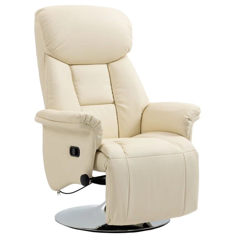 HOMCOM Swivel Recliner, Adjustable PU Leather Upholstered Recliner Chair with Footrest, Padded Arms and Steel Base, Cream White