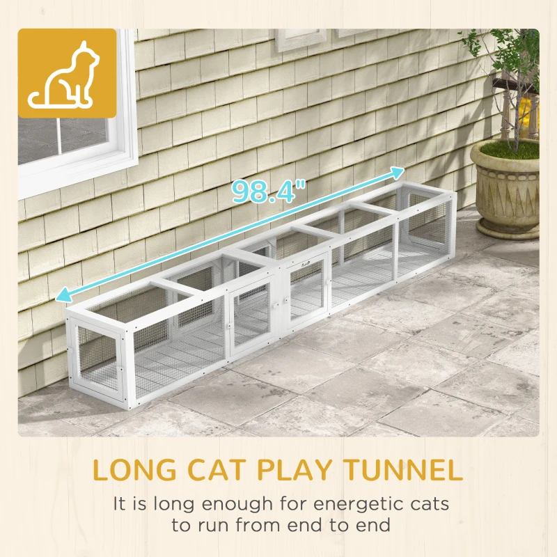 PawHut Wooden 98" Cat Tunnel for Outdoor with Combinable Design, 8 Doors, White
