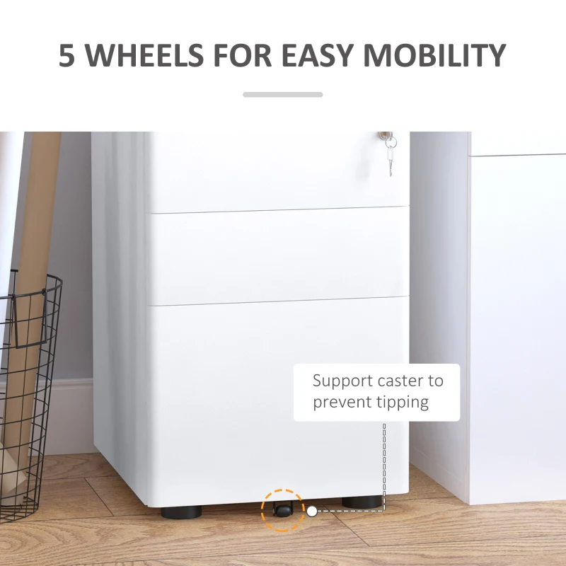 Vinsetto 3 Drawer Filing Cabinet, Steel Home Office Storage Cabinet with Wheels, Lock for A4, Letters, Legal-sized Files, White
