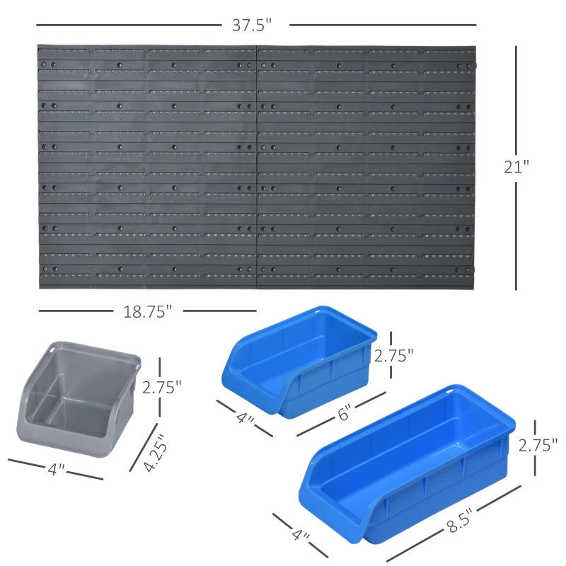 DURHAND 44 PCS Wall Mounted Pegboard Tool Organizer Rack Kit with Various Sized Storage Bins, Pegboard and Hooks, Blue