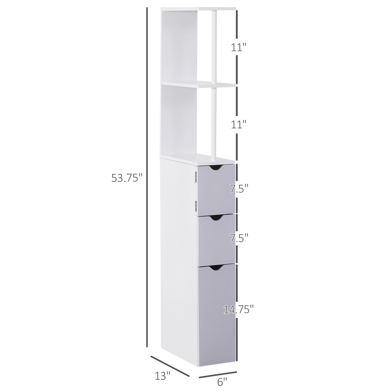 HOMCOM 54" Tall Bathroom Storage Cabinet, Freestanding Linen Tower with 2-Tier Shelf and Drawers, Narrow Side Floor Organizer, White