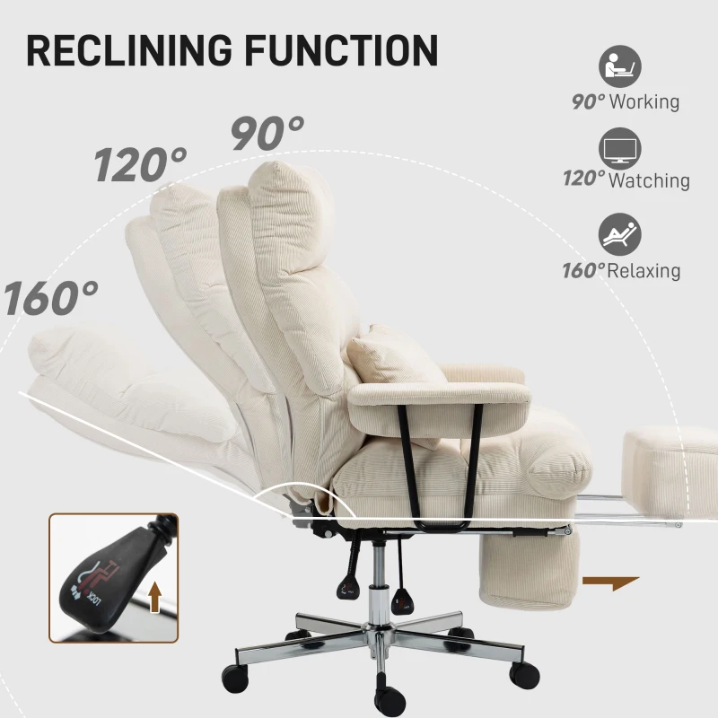 HOMCOM Executive Office Chair with Lumbar Support, Footrest, High Back Reclining Overstuffed Desk Chair with, Cream White