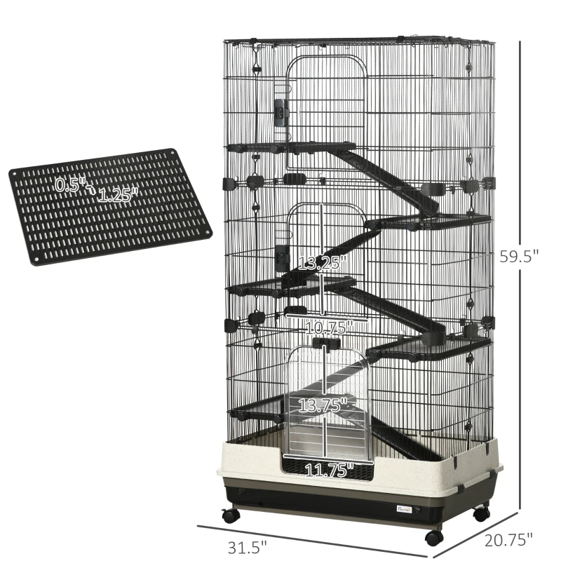 PawHut 6-tier Platform Rolling Small Animal Rabbit Cage with a Large Living Space, Black
