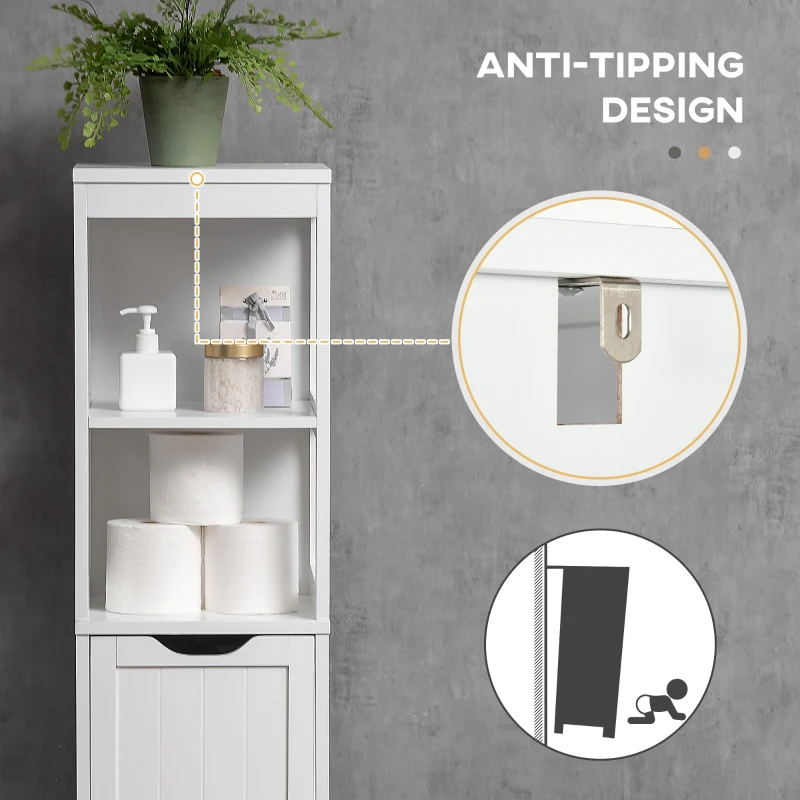 kleankin Tall Bathroom Cabinet, Slim Bathroom Storage Cabinet, Narrow Floor Cabinet with 3 Drawers and 2 Open Shelves, Freestanding Linen Tower for Small Space, 12" x 12" x 56", White