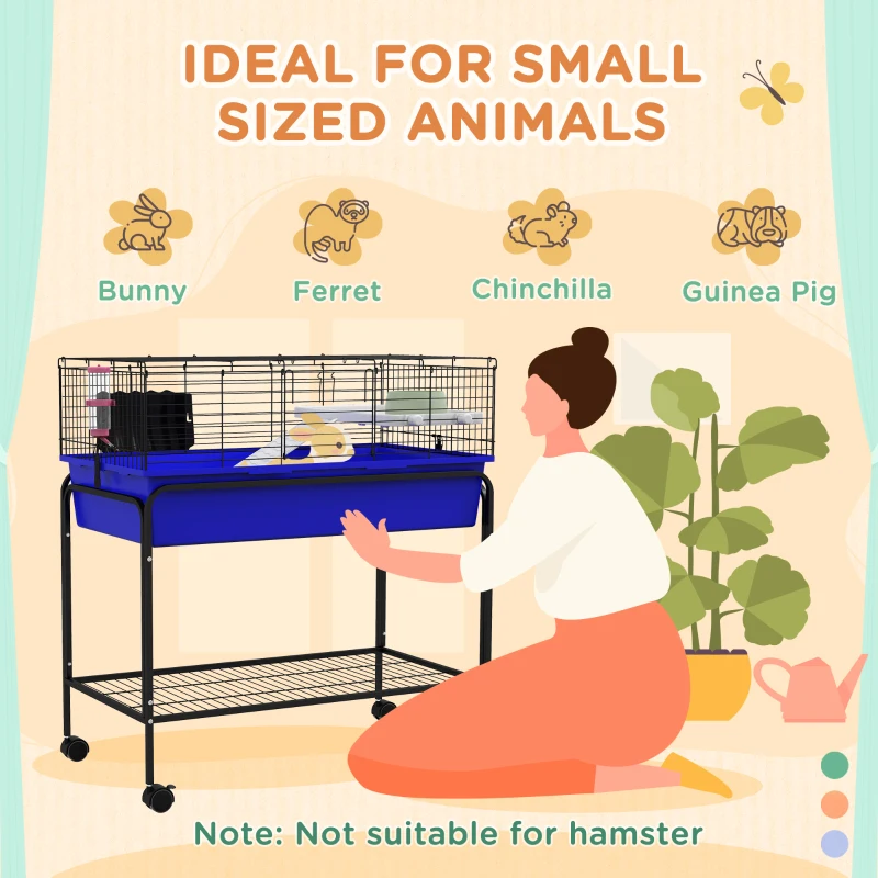 PawHut Two-Story Small Animal Cage Removable from Stand, Pet Habitat with Shelf & Wheels, 33" x 18.5" x 35", Blue