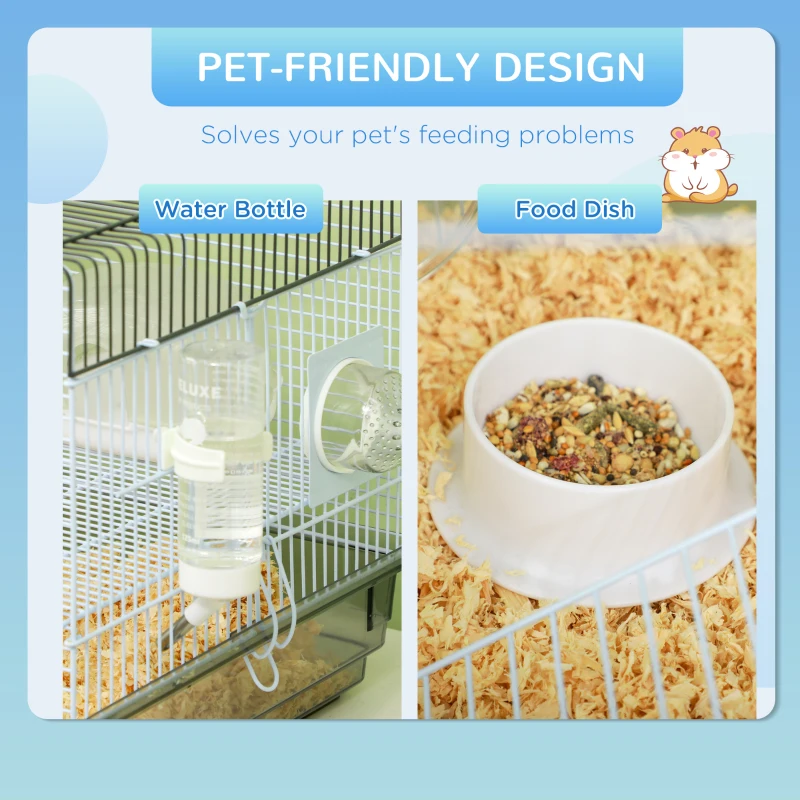 PawHut Small Animal Cage for Gerbil or Dwarf Hamster w/ Tubes, Exercise Wheel, Food Dish, Water Bottle, 23" x 13" x 12", Gray