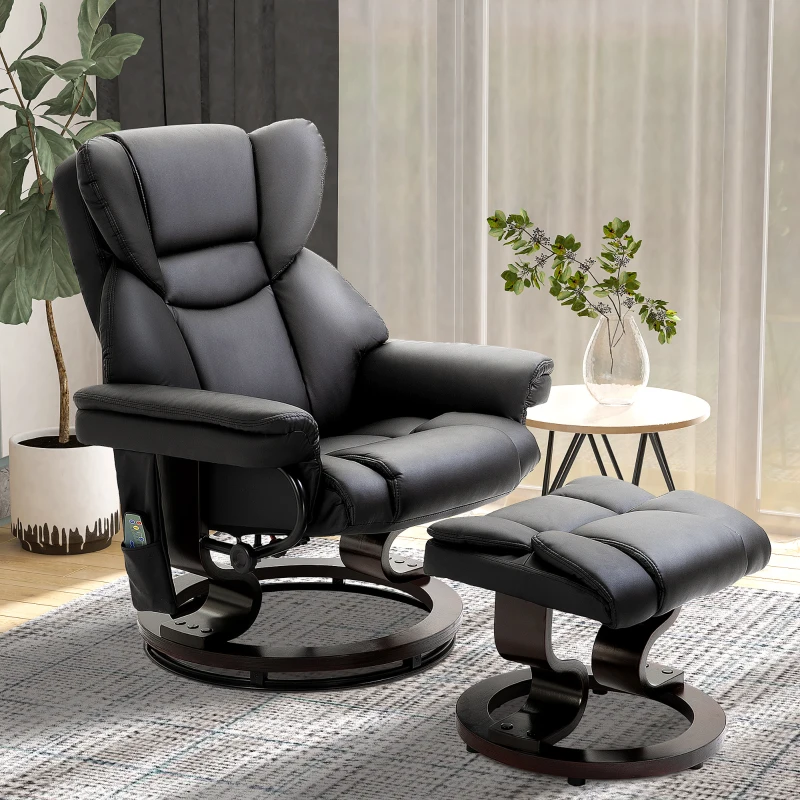 HOMCOM Massage Recliner Chair with Ottoman Footrest, 10 Vibration Points, 360° Swivel Reclining Chair, Faux Leather Living Room Chair with Side Pocket and Remote Control, Black