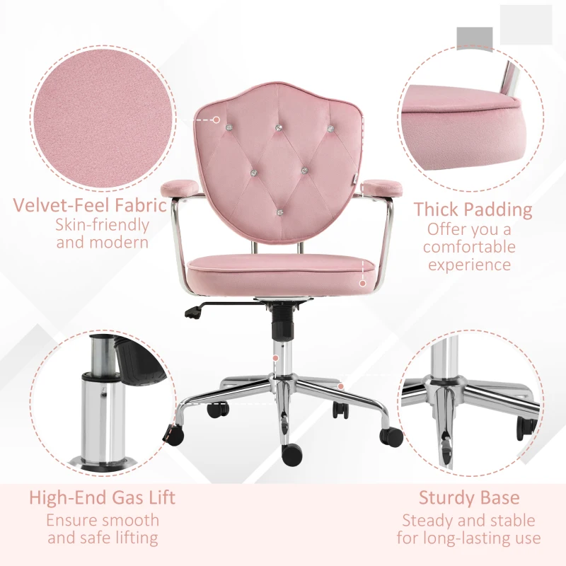 HOMCOM Cute Office Chair, Desk Chair with Button Tufted Velvet-feel Fabric, Swivel Computer Vanity Chair, Pink