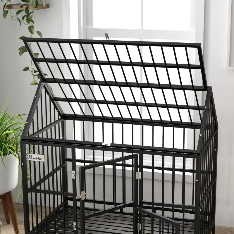 PawHut 48" Heavy Duty Dog Crate with 4 Lockable Wheels, Double Doors, and Removable Tray, for XL and L Dogs