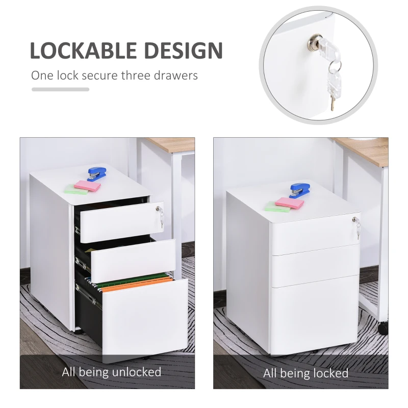 Vinsetto 3 Drawer Filing Cabinet, Steel Home Office Storage Cabinet with Wheels, Lock for A4, Letters, Legal-sized Files, White