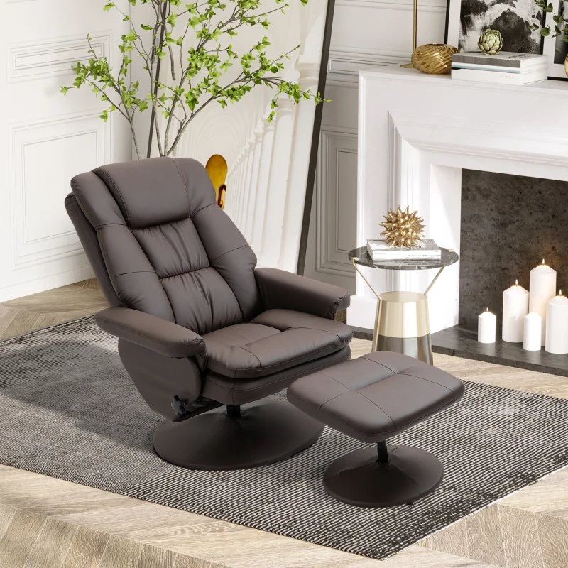 HOMCOM PU Leather Recliner Chair with Ottoman, Swivel Recliner and Ottoman with Round Wrapped Base for Living Room, Brown