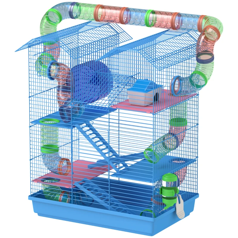 PawHut 18.5" 5 Tier Hamster Cage with Tubes and Tunnels, Small Animal Cage, Rat Gerbil Cage with Water Bottle, Food Dish, Exercise Wheel, Blue