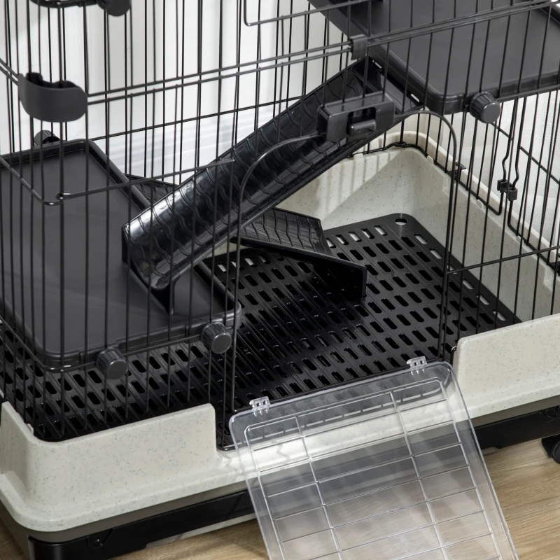 PawHut 32"L 4-Level Small Animal Cage Rabbit Hutch with Universal Lockable Wheels, Slide-out Tray for Bunny, Chinchillas, Ferret, Black