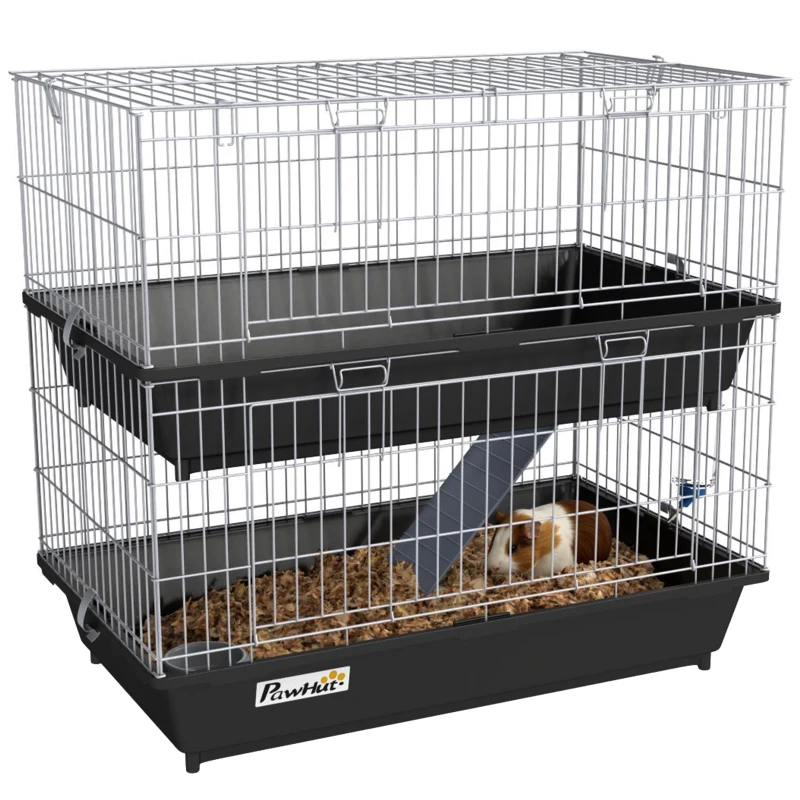 PawHut 2-Tier Small Animal Cage with 2 Doors, Trays, Dish, Bottle, and Ramp for Bunny, Ferret, Chinchilla, Black