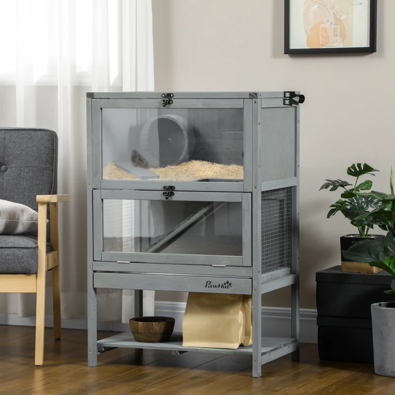 PawHut Wooden Hamster Cage with Storage Shelf, Large Rat Mouse Habitat Including Seesaw, Small Animal Cage with Sliding Tray, Wide Ramp for Racing, Running Wheel, 35.5" H