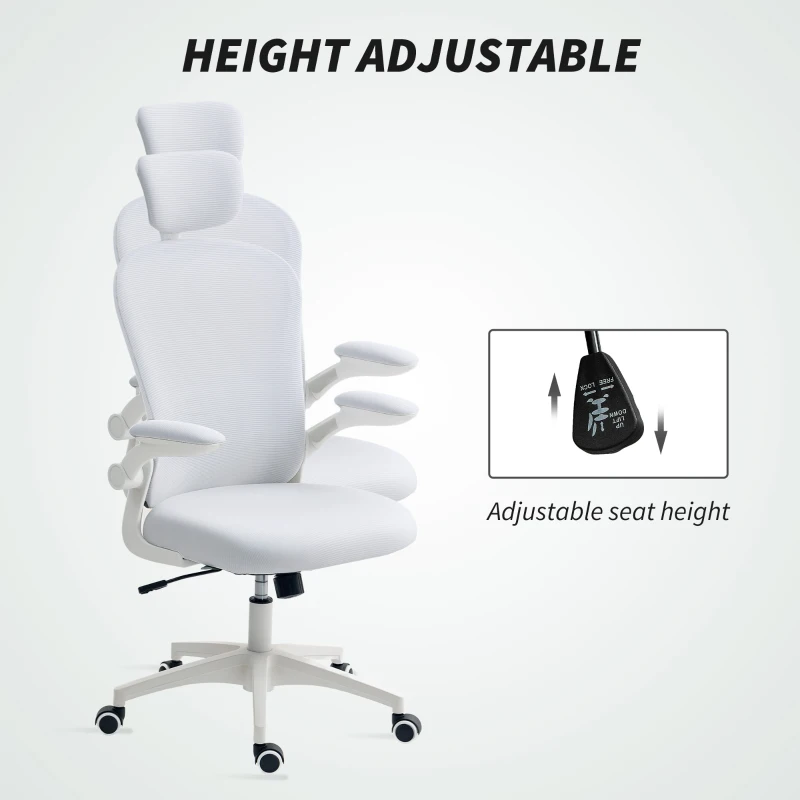 Vinsetto Office Chair, Mesh Computer Desk Chair with Adjustable Headrest, 4D Lumbar Support, Flip-up Arm, White
