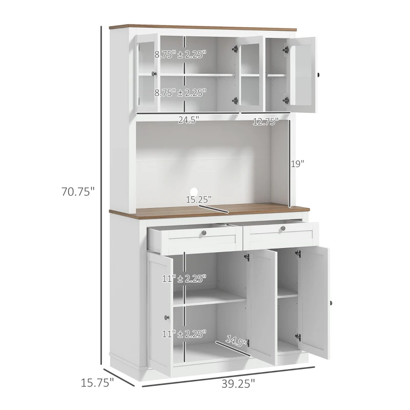 HOMCOM 71" Kitchen Pantry Cabinet with Microwave Stand, Kitchen Hutch with 2 Drawers and Adjustable Shelves, White