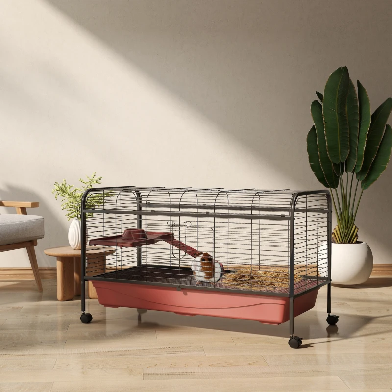 PawHut 48" L Small Animal Cage, Pet Play House for Rabbit Hutch or Ferret with Feeder, Rolling Wheels, Platform, Ramp
