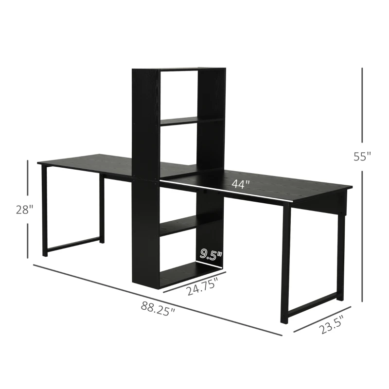 HOMCOM 88" Extra Long 2-Person Computer Desk with Storage Shelves Combo, Double Workstation Storage Study Writing Table for Home Office, Bookshelf, Black
