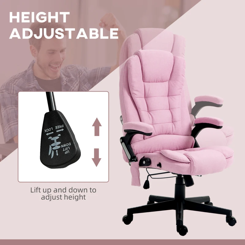 HOMCOM 6 Point Vibrating Massage Office Chair with Heat, Linen High Back Massage Desk Chair with Reclining Backrest, Pink